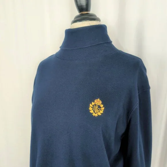 Vintage Ralph Lauren Blue Turtleneck Top Large Logo Long Sleeve - Picture 2 of 9